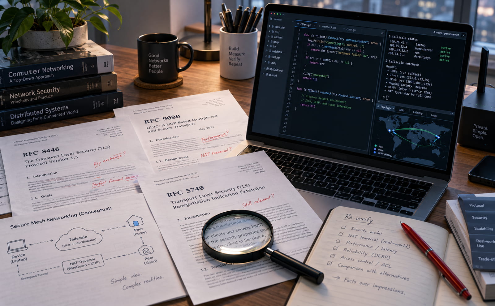 Tailscaleに関する技術的な指摘を、DNS、netfilter、MTU、アクセス制御、認証の観点から再検証するイメージ